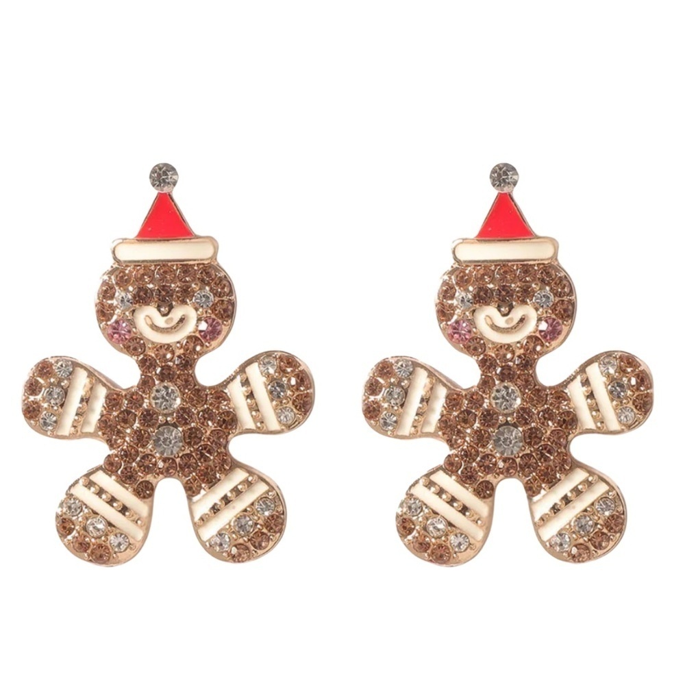 Sparkly Gingerbread Man Holiday Earrings – Crystal Accents & Santa Hat